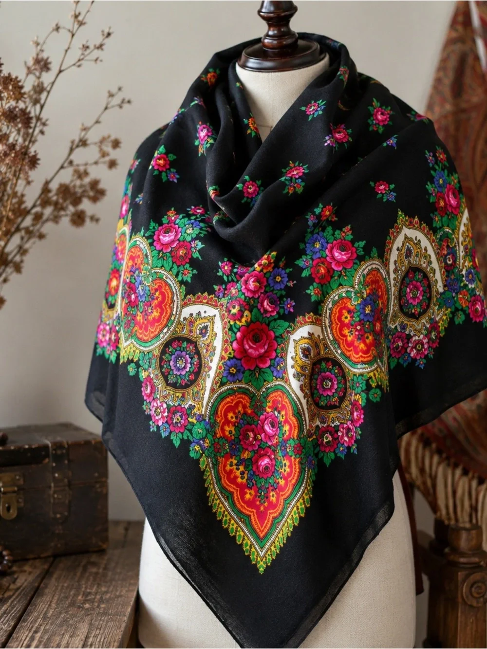 Vintage Russian Wool Floral Square Shawl Black Folk Scarf Wrap 50”x50”
